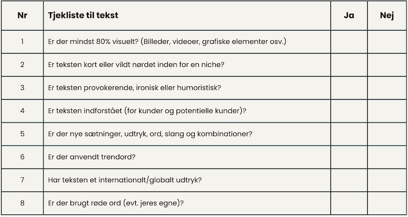 Tjekliste til en af de fire kundetypetekst